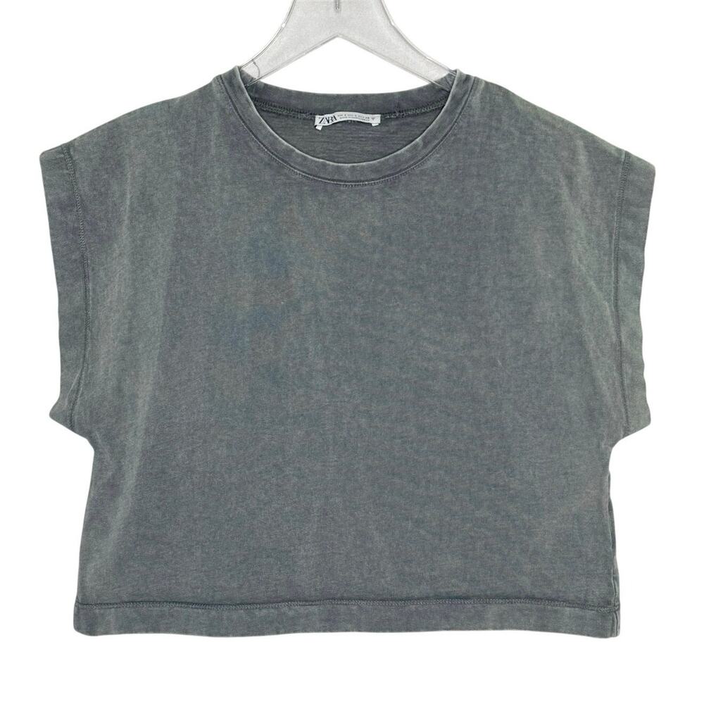 Zara Washed Charcoal Gray Cropped Tee Shirt S Boxy Crew Neck Streetwear